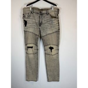 True Religion Moto Jeans Mens 40 Gray Wash Distressed Biker Ribbed